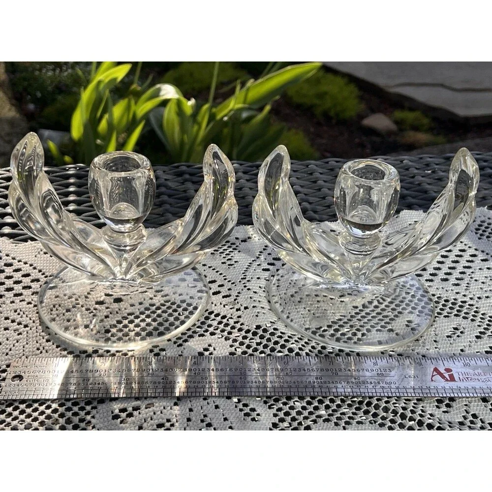 1960s Vintage Glass Lotus Candle Holders Pair Mid Century  Wheat Sheaf/winged